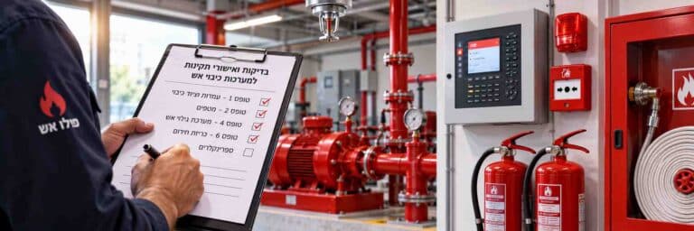 טכנאי בודק טופסי אישור ותקינות למערכות כיבוי אש, לצד רכזת גילוי אש, מטפים, ספרינקלרים ומשאבות כיבוי.